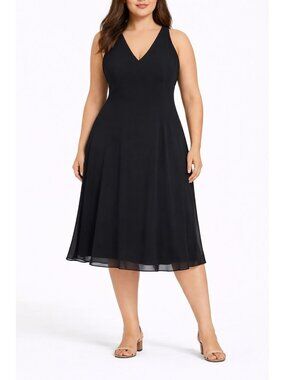 Black Sleeveless Chiffon Dress With Sheer Back & Tiered Ruffle Accent Mid-Length